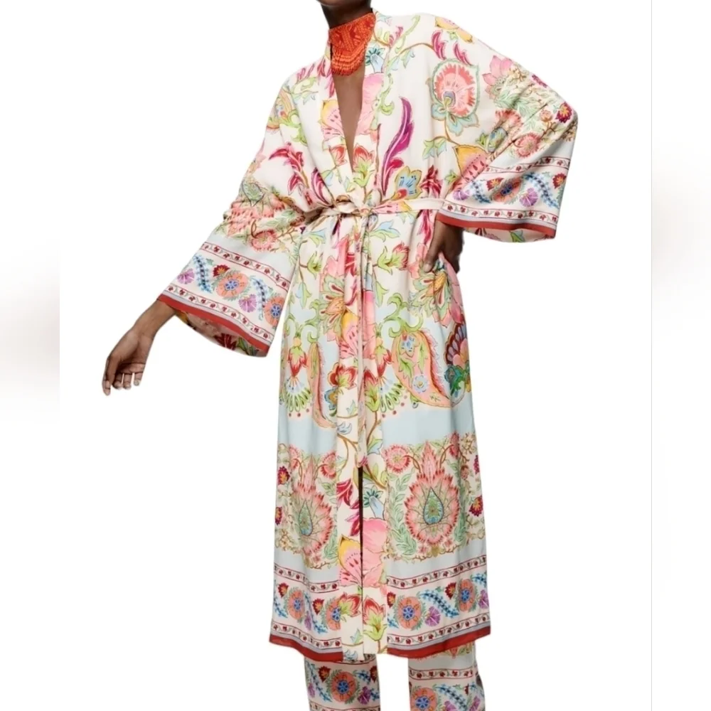 Zara Floral Pink Green Multicolor Printed Kimono Jacket With Belt Sz Small NWT - Picture 1 of 10
